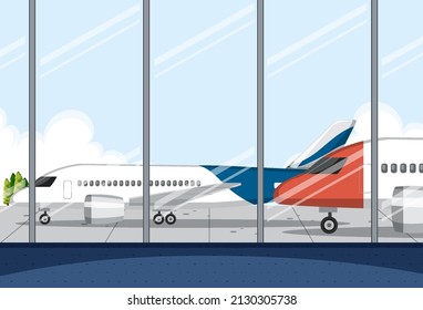 Empty airport terminal with airplane outside illustration
