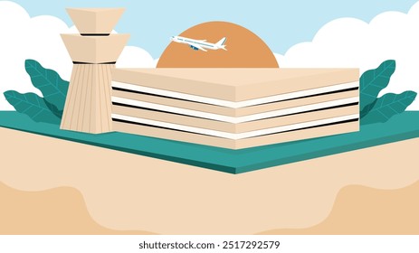 Empty airport terminal interior featuring a view of an airplane taking off against an orange sky. Cartoon vector illustration of an airport waiting room or lounge zone with a departing airplane visibl