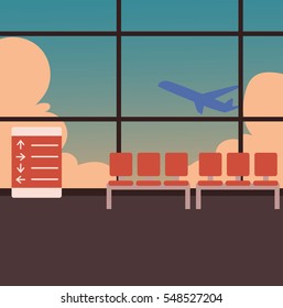Empty airport terminal interior with a view of airplane taking off against blue sky, cartoon vector illustration. Airport waiting room, lounge zone with airplane departing behind the glass wall