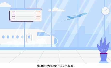 Empty airport terminal lounge with airplane on background Interior waiting hall departure Lounge modern terminal Concept flat vector illustration