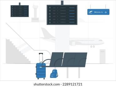 Empty airport terminal lounge with airplane on background. Clean airport waiting area interior with seats and windows with landscape view. Travel and lifestyle concept