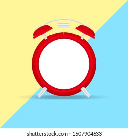 empty alarm clock for copy space, red alarm clock template on minimal flat lay yellow blue background, clock without alarm, clip art alarm clock, illustration of timepiece on yellow blue pastel color