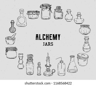 Empty alchemy jars for potions collection. Magic bottles for halloween decoration. Vintage vector illustration