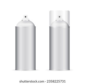 Leeres Aluminiumspray mit transparentem Verschluss für Farbe, Haarspray, Deodorant. Paketkollektion. Vektorgrafik