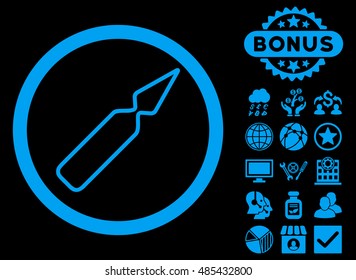 Empty Ampoule icon with bonus pictures. Vector illustration style is flat iconic symbols, blue color, black background.