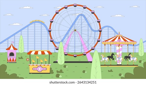 Empty amusement park with ferris wheel, carousel, carnival game flat illustration background. Roller coaster, horse roundabout attractions 2D cartoon backdrop. Colorful scene vector art image