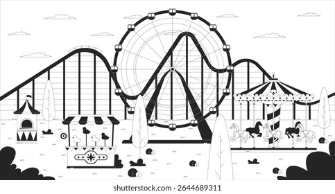 Empty amusement park with ferris wheel, carousel, carnival game line illustration backdrop. Roller coaster, horse roundabout attractions 2D ink outline monochrome background. Lineart vector