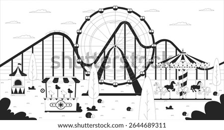 Empty amusement park with ferris wheel, carousel, carnival game line illustration backdrop. Roller coaster, horse roundabout attractions 2D ink outline monochrome background. Lineart vector