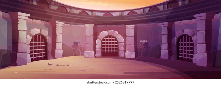 Empty ancient roman round gladiator arena with lattice gates, stone walls and sandy floor. Cartoon vector game ui design background for battle fighting. Spartan warrior fight competition place.