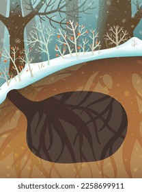 Empty Animals Den or Burrow under the winter forest. Cute empty forest hole in ground habitat illustration for children. Wildlife underground house for animal . Vector cartoon for kids.