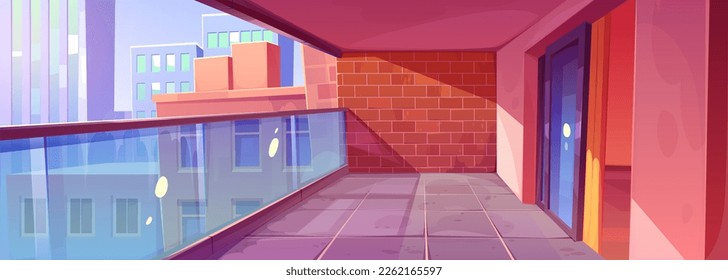 Balcón interior de apartamento vacío con vistas a la ciudad. Dibujo vectorial de la casa moderna o de la terraza del edificio de hotel con pared de ladrillo y puerta de cristal. Rascacielos urbanos afuera. Fondo del centro