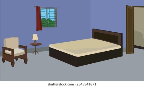 Empty apartment bedroom interior design vector illustration with purple wall,wooden bed,arm chair,door,window and a table lamp