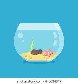Empty aquarium. Seaweed, starfish, two stones and sand inside of round glass aquarium. Flat design graphics concept. Vector illustration