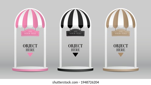 Empty arch product display with cute awning and vintage sign 3d illustration vector set for putting your object.