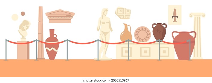 Empty Archeology or Anthropology Interior with Ancient Classical Amphora, Statue of Greek Goddess, Marble Pillar, Old Ethnic Dishes, Architecture Pieces behind of Fencing. Cartoon Vector Illustration