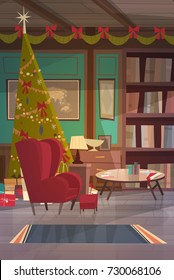 Empty Armchair Near Decorated Pine Tree , Home Interior Decoration For Christmas And New Year Holidays Concept Flat Vector Illustration