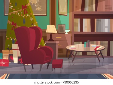 Empty Armchair Near Decorated Pine Tree , Home Interior Decoration For Christmas And New Year Holidays Concept Flat Vector Illustration