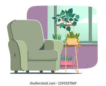 Empty armchair, potted house plants on rack. Various decorative plants in pots with green leaves, comfortable home furniture. Nature flora decoration, botany, cozy interior flat vector illustration