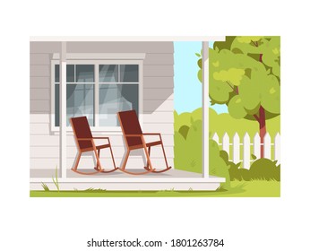 Empty armchairs on villa patio semi flat vector illustration. Rural lifestyle, summer recreation in village. Porch with 2 chairs during daytime 2D cartoon characters for commercial use