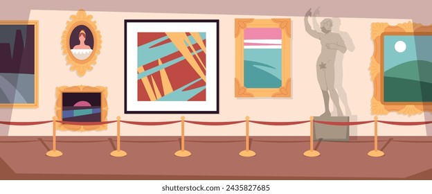 Empty art gallery. Contemporary exhibition hall interior, sculptures and paintings, abstractionism, classics and avant garde exhibition, cartoon flat isolated illustration tidy vector concept