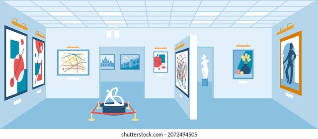 Empty art gallery interior, modern museum exhibition room. Abstract paintings, sculptures or exhibits in museums hall vector illustration. Studio with showpieces and artworks hanging on walls