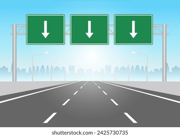 Empty Asphalt Highway Road with Traffic Sign. Vector Illustration. 