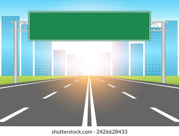 Empty Asphalt Highway Road with Traffic Sign. Vector Illustration. 