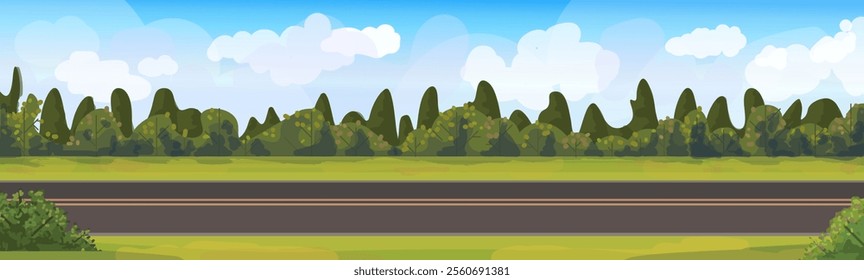 Empty asphalt road among field and meadow with green grass, shrubs and blue sky with clouds. Summer scenery panorama. Vector illustration. Not AI generated