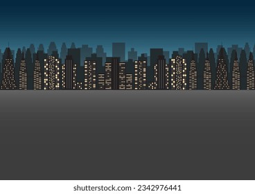Empty Asphalt Road and City building at Night. Skyscraper. Cityscape. Urban landscape. Metropolis City. Vector Illustration.
