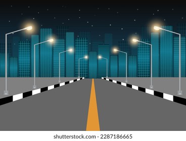 Calle asfaltada vacía o carretera de la autopista con puesto de luz de la calle a la ciudad por la noche. Ilustración vectorial. 