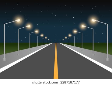 Calle asfaltada vacía o carretera de carreteras con puesto de luz por la calle por la noche. Ilustración vectorial. 