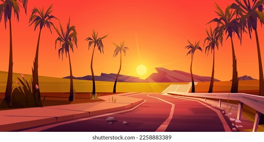 Calle asfaltada vacía con palmeras, fondo tropical al atardecer. Ilustración vectorial de dibujos animados con campos verdes, montañas y cielo naranja con sol cayendo, perspectiva