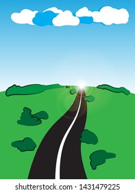 Empty asphalt winding road up into the green hill, to the horizon with blue sky and clouds.