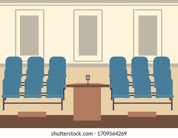 Empty assembly hall for speeches, lectures. Vector flat cartoon illustration.
