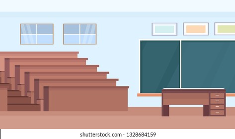 Empty Auditorium Lecture Hall Theater Room Interior Modern University Classroom With Wooden Rows Of Seats And Chalk Board Flat Horizontal