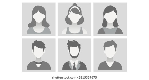 Empty avatars set for unknown or anonymous individuals, person icons. Default photo placeholder, Characters With Different Hairstyles And Facial Features. Male and female Portraits For User Profiles, resumes, forums and dating sites.