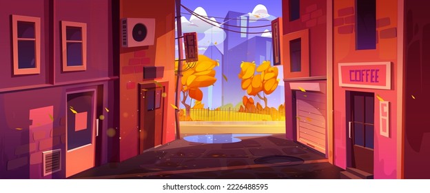 Empty back alley and city street with houses at autumn. Town fall landscape with alleyway between old buildings, trash bins, boxes, park with orange trees and puddle, vector cartoon illustration