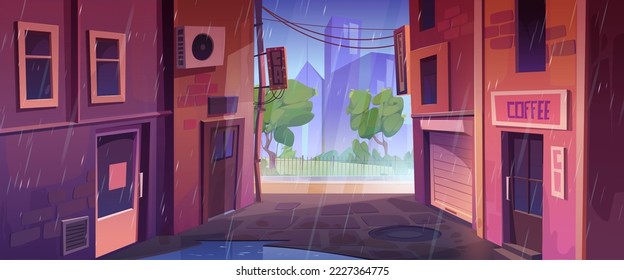 Empty back alley and city street with houses at rainy summer day. Town landscape with alleyway between old buildings, trash bins, boxes, park with green trees and puddle, vector cartoon illustration