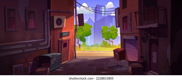 Empty back alley and city street with houses at summer. Town landscape with alleyway between old buildings, trash bins, boxes, park with green trees and blue sky clouds, vector cartoon illustration