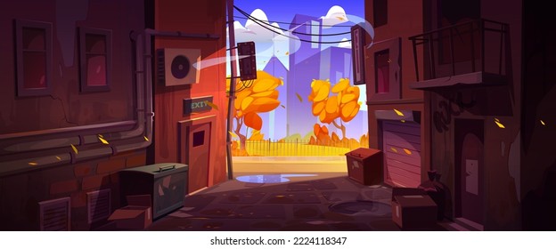 Empty back alley with view to autumn city street landscape. Cityscape with alleyway between old houses, trash bins, flying orange leaves, road with fence and park, vector cartoon illustration