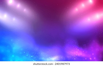 Empty background scene with spotlights and glowing pink and blue smoke environment atmosphere on floor. Rays through the fog. Smoke, fog, reflection of lights. Background with particles. Vector EPS10.