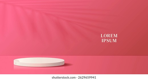 Fundo vazio com um pódio branco sobre um fundo rosa com a sombra de uma folha de palma.