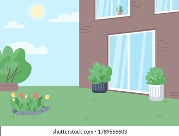 Empty Backyard Flat Color Vector Illustration. Residential Building Yard With No People 2D Cartoon Landscape With Sunny Sky On Background. Countryside Real Estate, Suburban Lifestyle