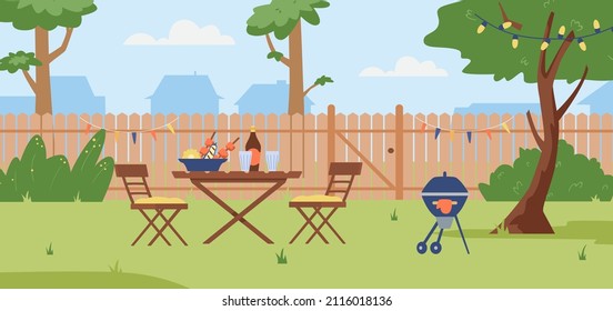 Empty backyard is ready for barbecue party. Garden outside the home, table with grilled food and glass bottle on it, two chairs and grill, wood fence on the background. Flat vector horizontal banner.