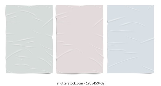 Empty badly glued paper texture,pastel colors, wet wrinkled effect paper sheets, vector realistic set. Crumpled posters isolated on white background. Vector illustration, blank templates set