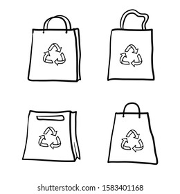 empty bags and  recycling symbol with hand drawn doodle style isolated on white