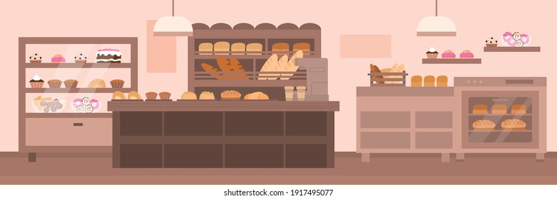 Empty bakery interior. Shop showcase and wooden shelves with fresh pastries, sweets, cakes and bread. Vector flat cartoon illustration, horizontal banner.