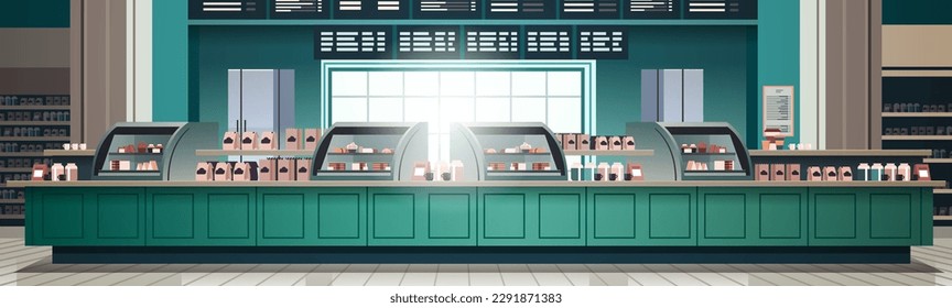 empty bakery interior shop showcase with fresh pastries sweets cakes and bread horizontal