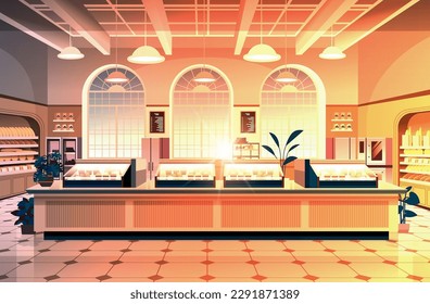 empty bakery interior shop showcase with fresh pastries sweets cakes and bread