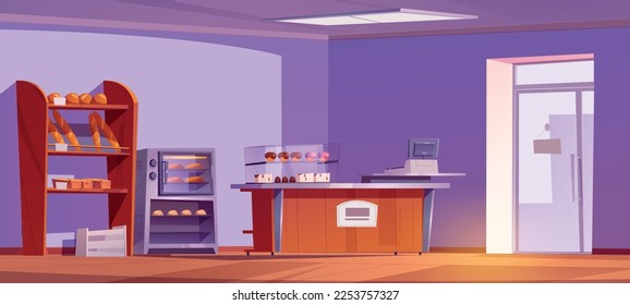 Empty bakery shop interior with furniture and pastry. Vector cartoon illustration of confectionery with muffins, cakes, fresh bread on showcase shelves and baking in oven, counter desk. Small business